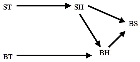 A directed arrow graph with vertices labelled 'ST', 'BT', 'SH', 'BH', and 'BS'. Directed lines go from ST to SH, from BT to BH, from SH to BH, from SH to BS, and from BH to BS.