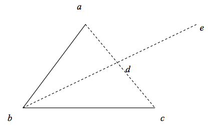 [Points a, b, and c form a triangle, line segments ab and bc are solid lines, line segment bc is dashed. Point d lies midway on the line segment bc.  The dashed line segment bd extends further to point e.]