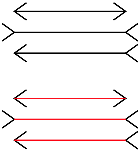 [A set of three horizontal lines vertically aligned with the first and third having simple two line arrow heads at each end and the middle having inverted arrow heads. Sighted people tend to perceive the middle line as longer in this set. Below is the same set with the horizontal lines in red and a dashed line on each side showing that the lines are actually identical in length. ]