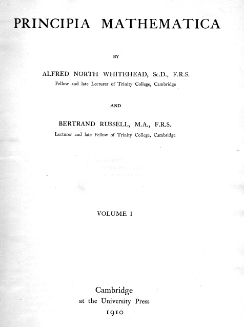Title Page, First Edition, Principia Mathematica, Volume 1, see link below for text